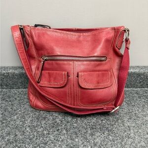 FOSSIL Long Live Vintage Brick Red Pebbled Leather Crossbody Messenger Bag Purse